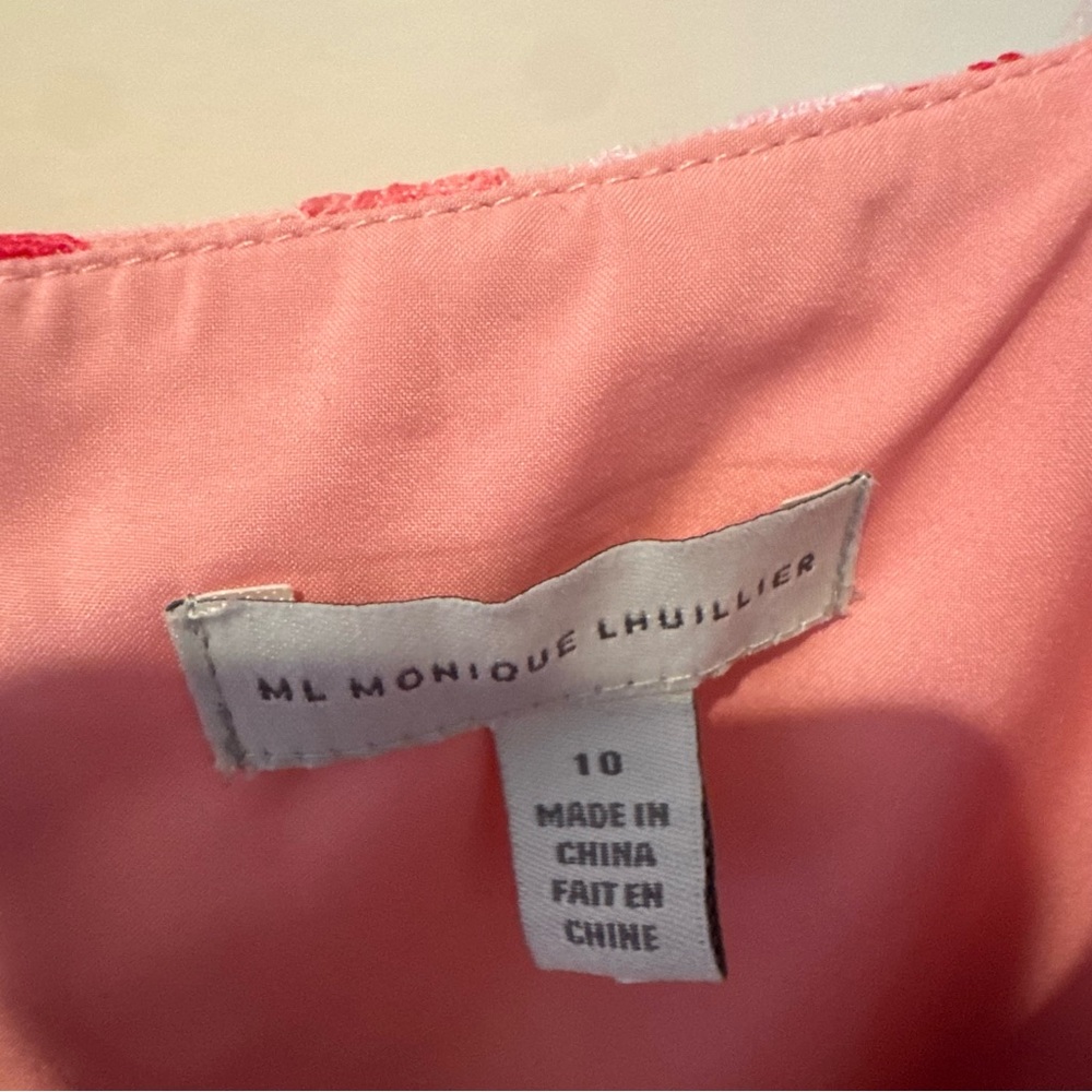 ML Monique Lhuillier Floral Embroidered Mesh Pink & White Midi Dress | Size 10 - Picture 7 of 10